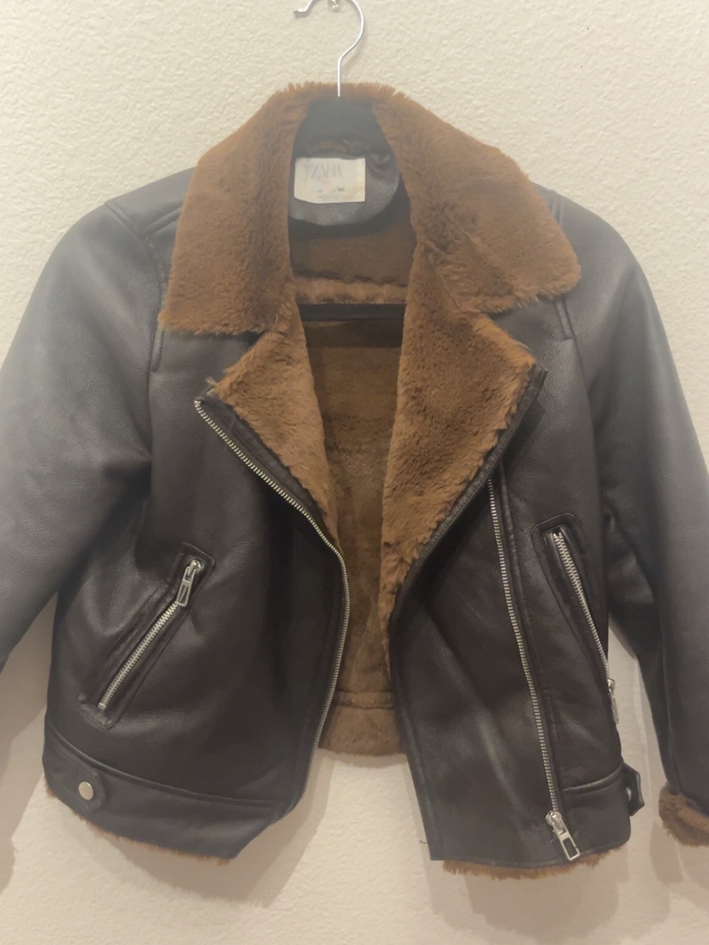Zara Dark Brown Faux Shearling-Lined Leather Biker Jacket